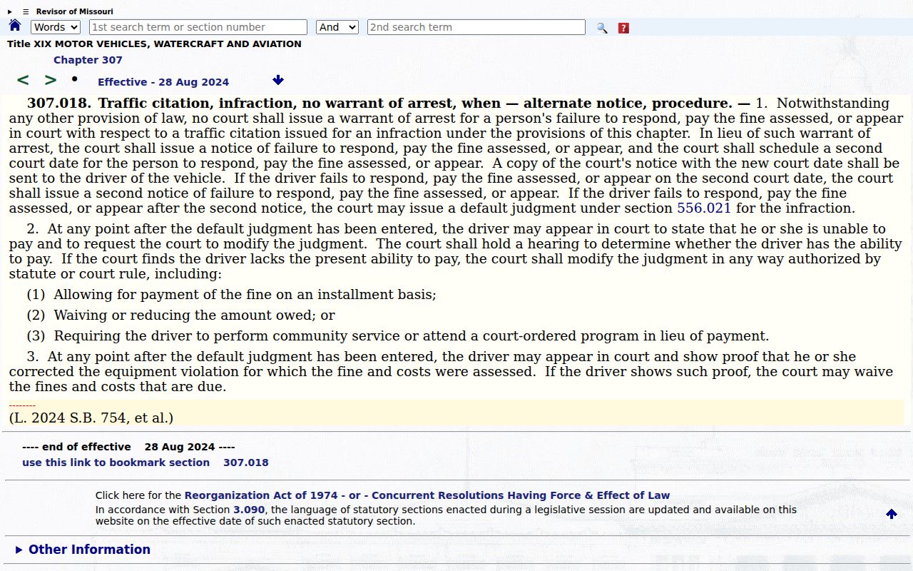 Missouri traffic-infraction warrant limitation applying in Buchanan County