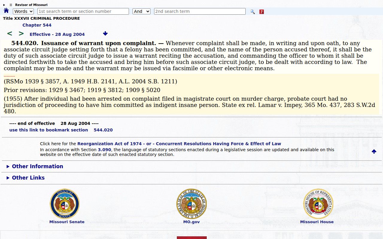 Missouri probable-cause felony warrant statute for Buchanan County cases